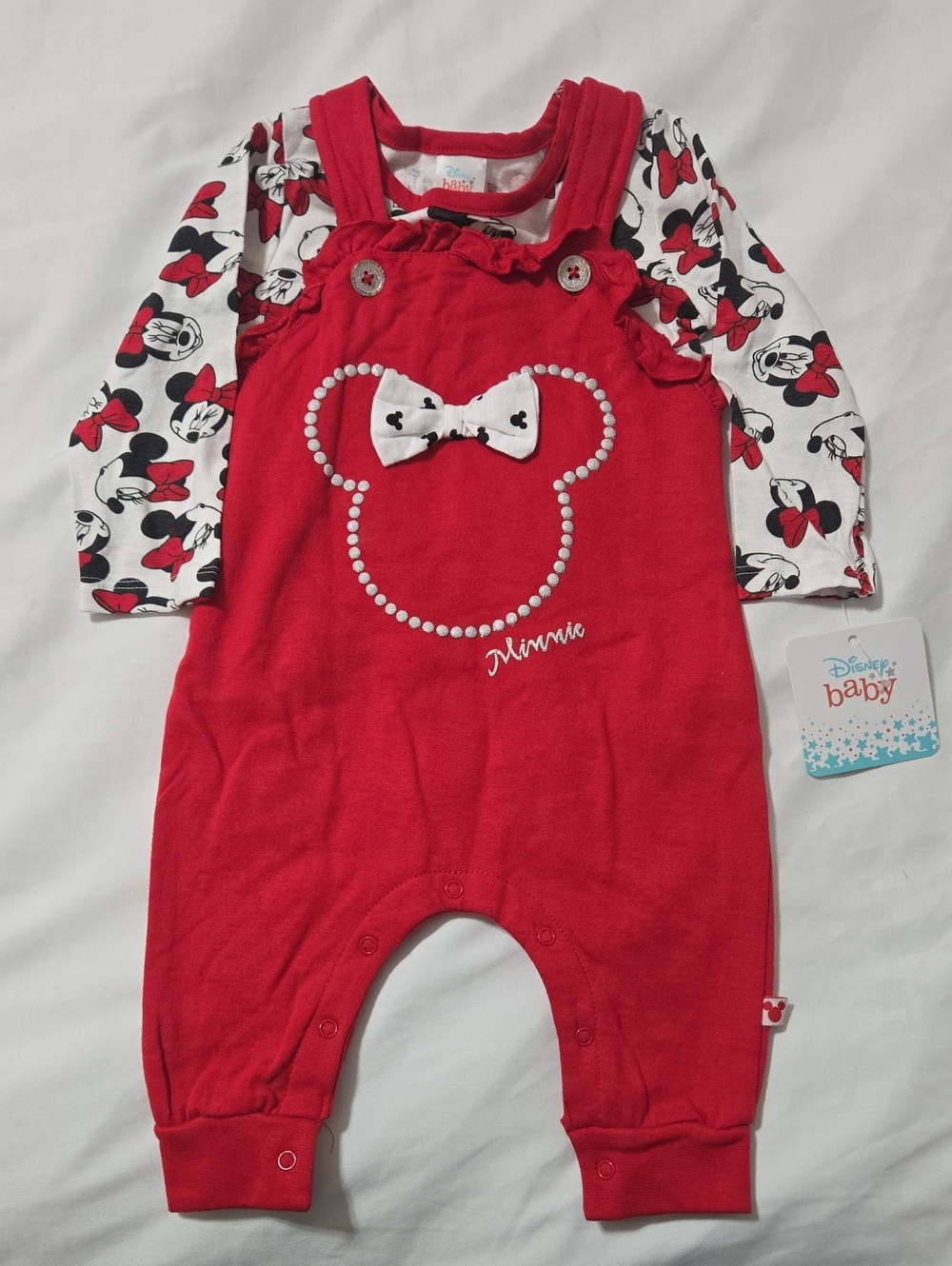 Disney baby red and white minnie mouse overalls outfit